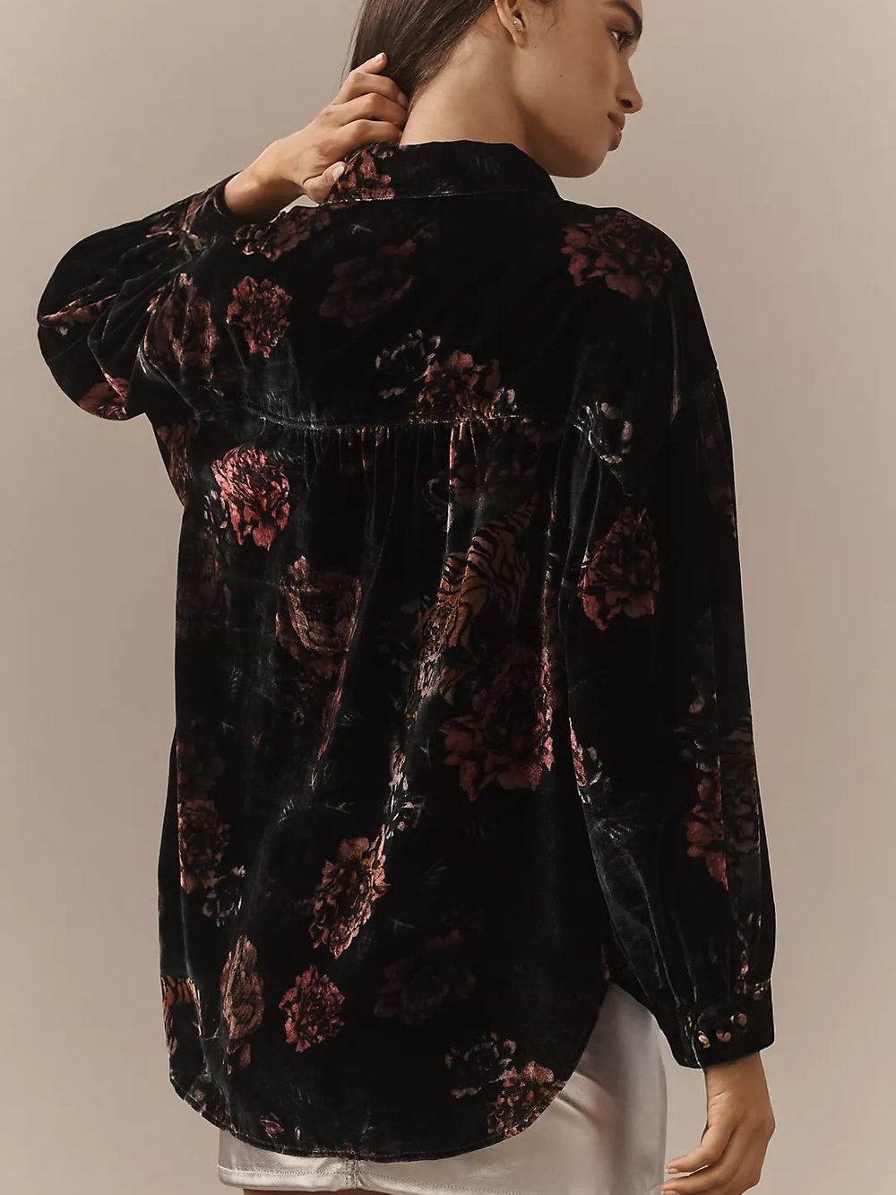 Pilcro Anthropologie Velvet Floral Button-Up Shirt - Black Floral - Picture 2 of 10